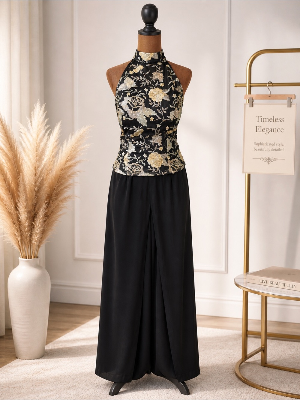 Cache black embroidered halter top with flowy wide-leg pants